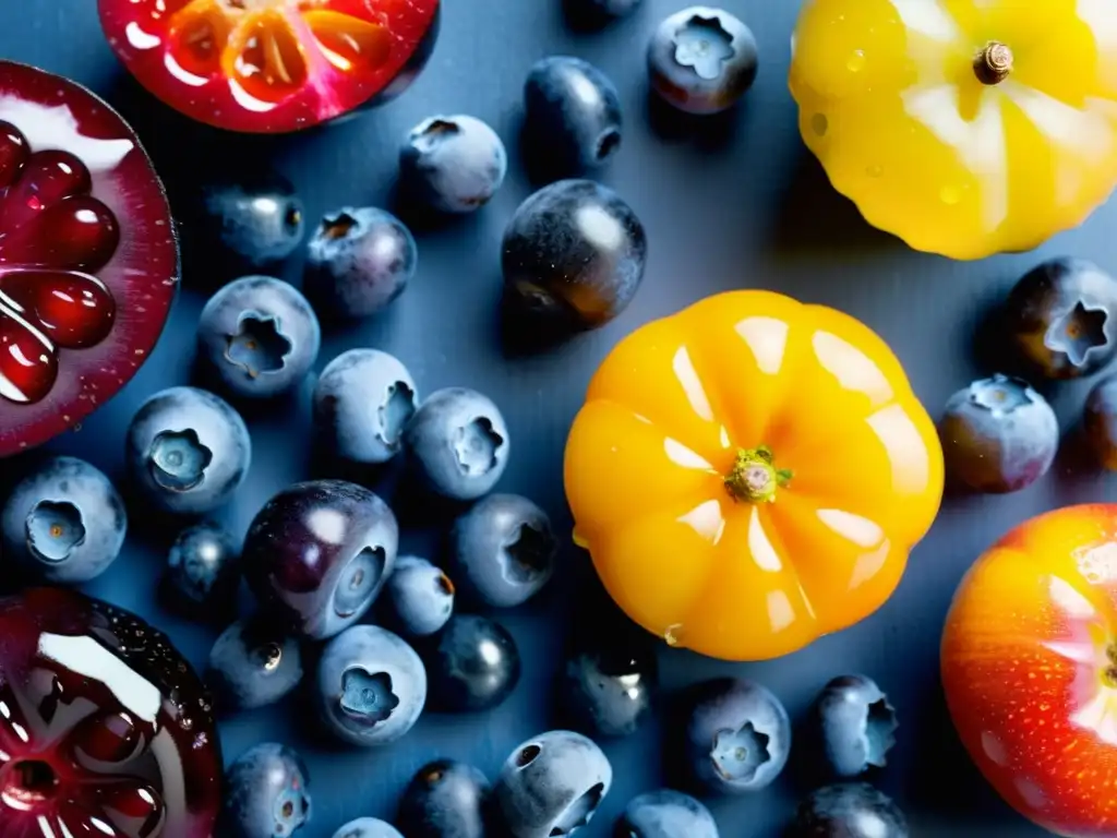 Una exuberante exhibición de frutas y verduras antioxidantes, con colores vibrantes y detalles frescos, que realza la vitalidad