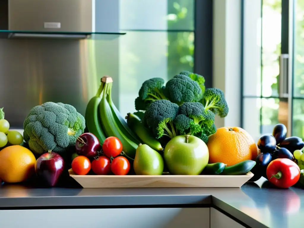 Una exuberante exhibición de frutas y verduras frescas en una cocina moderna, iluminada por la luz natural