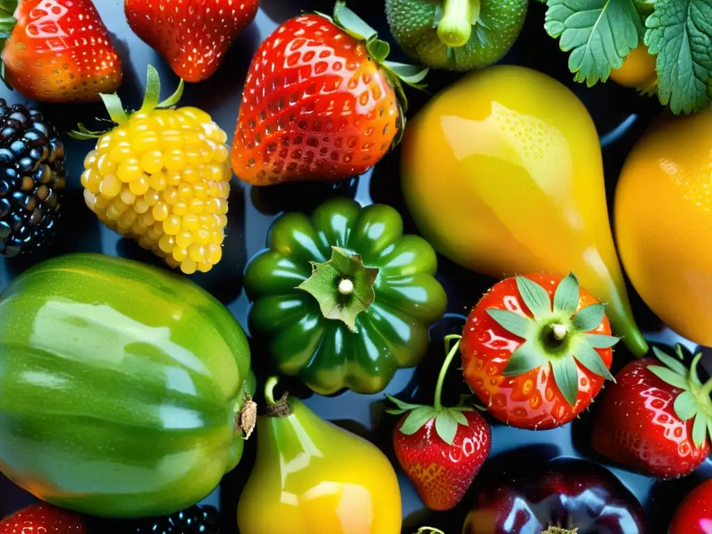 Una exuberante exhibición de frutas y verduras coloridas y variadas, detalladamente dispuestas, con gotas de agua brillando en sus superficies