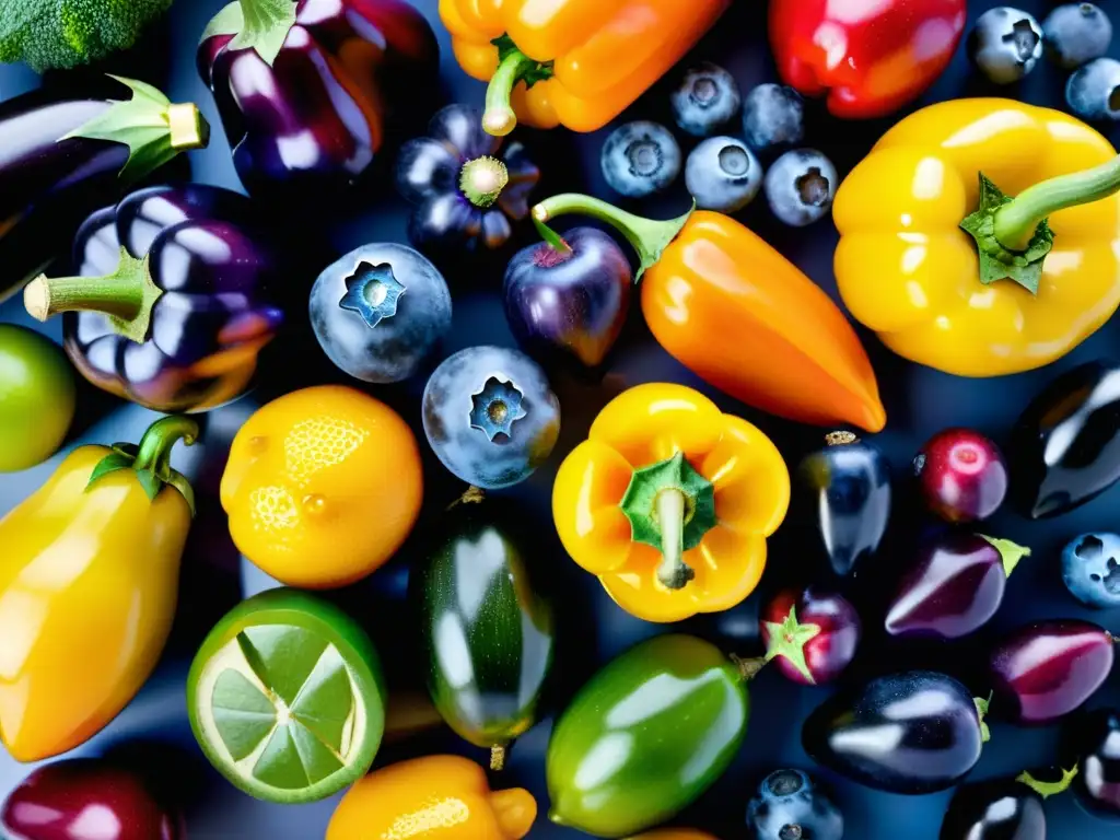 Una exuberante exhibición de frutas y verduras en un espectro de colores, resaltando la importancia de la nutrición inmunológica