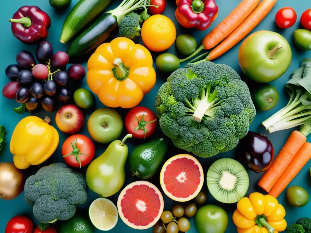 Una exuberante exhibición de frutas y verduras frescas en 8k, irradiando vitalidad y color