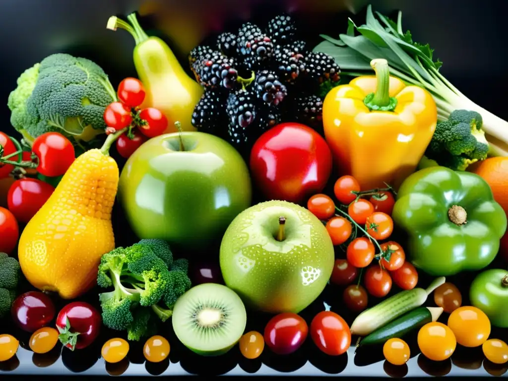 Una exuberante exhibición de frutas y verduras frescas y coloridas, con gotas de agua brillantes