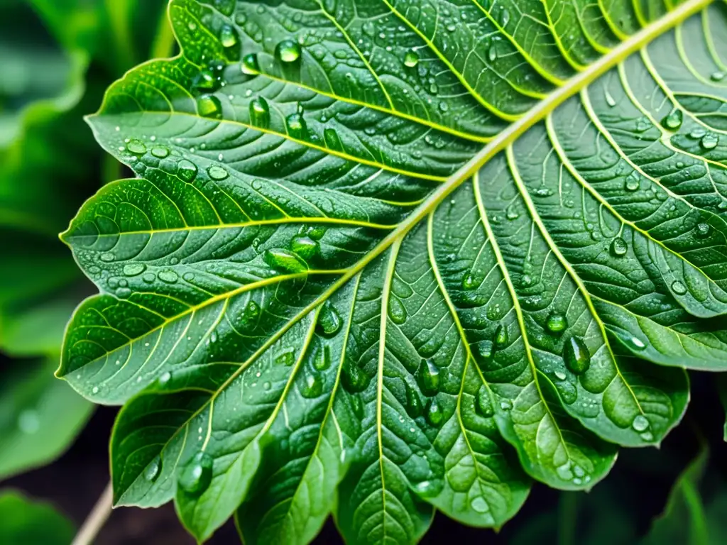 Una exuberante hoja de vegetal verde con gotas de agua, patrones intrincados y pelos brillantes