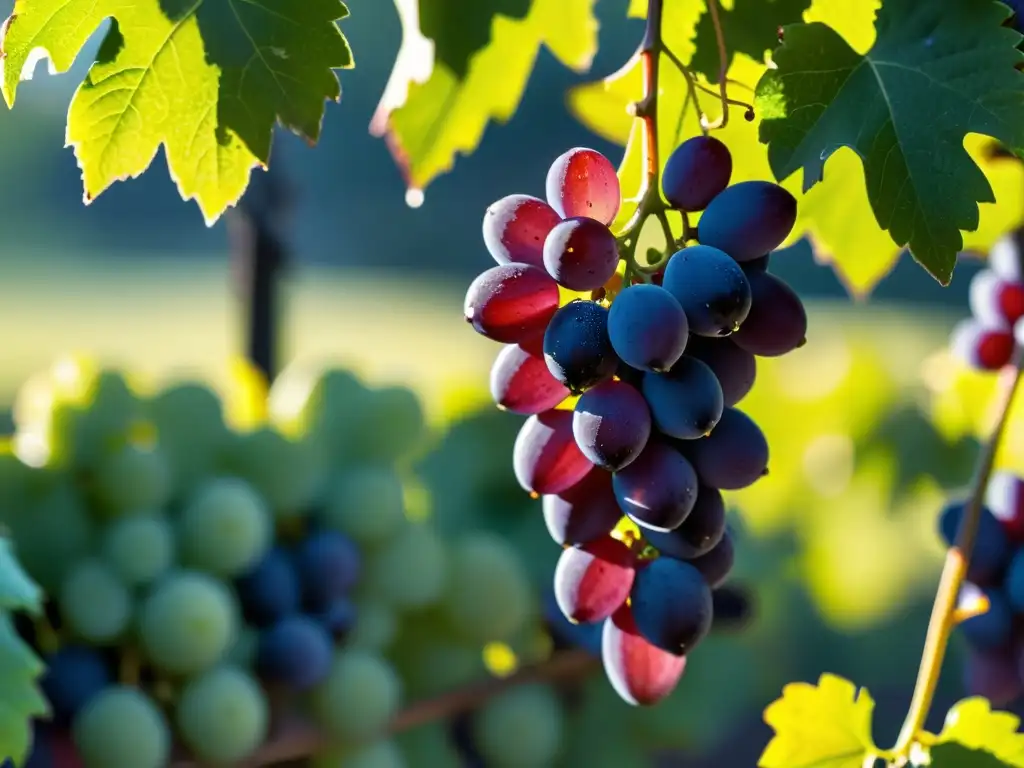 Una exuberante parra de uvas moradas maduras, brillantes con rocío bajo el cálido sol