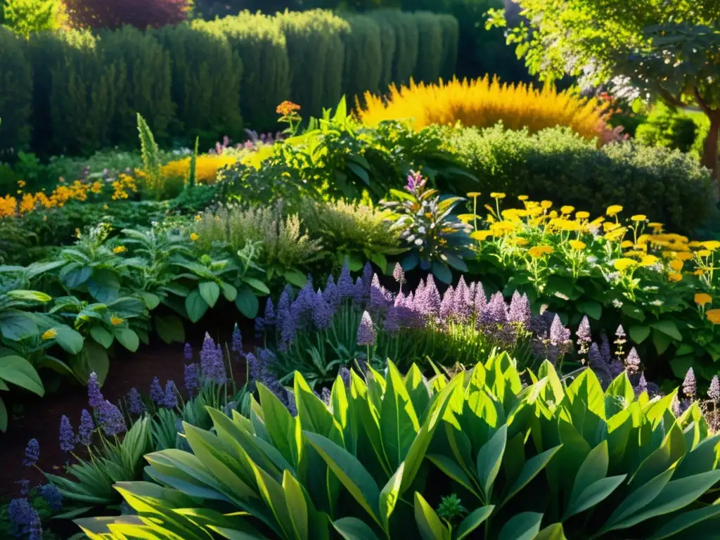 Jardín botánico exuberante con plantas medicinales para reducir estrés, bañado en cálido sol dorado