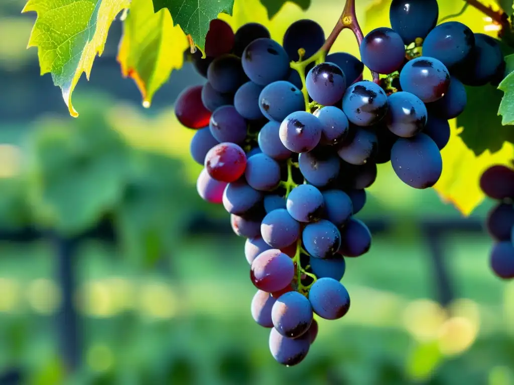 Un exuberante racimo de uvas moradas con gotas de rocío brillantes, destacando los beneficios del resveratrol para el sistema inmune