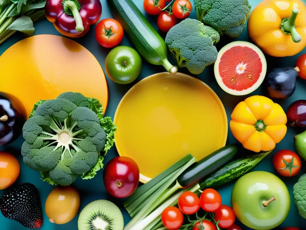 Una exuberante y variada selección de frutas y verduras frescas, con gotas de agua que realzan su frescura