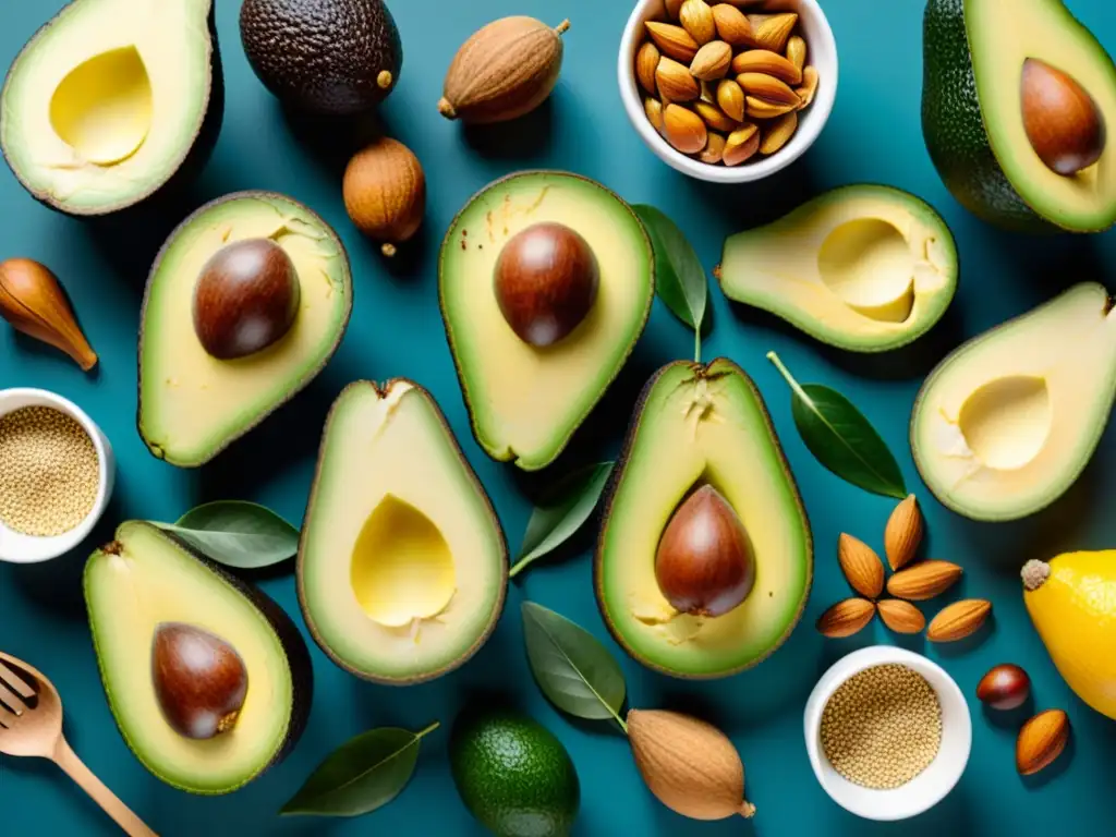 Una exuberante variedad de alimentos coloridos y saludables, como aguacates, nueces, semillas y pescado, dispuestos de forma moderna y atractiva