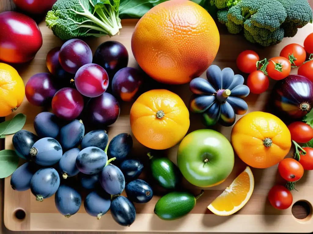 Una exuberante variedad de frutas y verduras frescas se exhibe en una tabla de cortar de madera, iluminada por luz natural