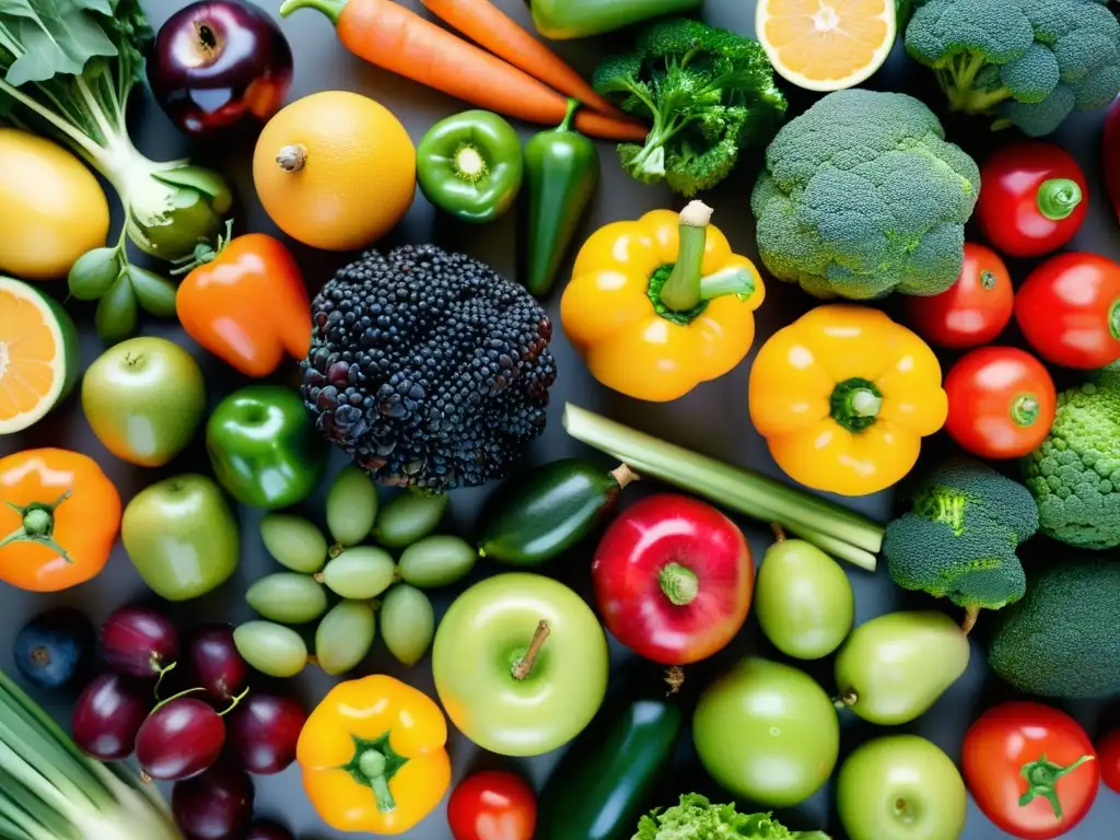 Una exuberante variedad de frutas y verduras frescas, vibrantes y coloridas, dispuestas de forma llamativa