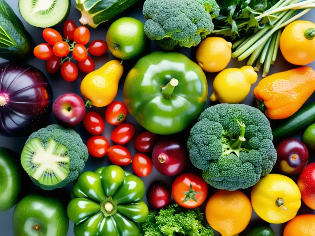 Una exuberante variedad de frutas y verduras frescas y coloridas, con gotas de rocío resaltando su belleza natural