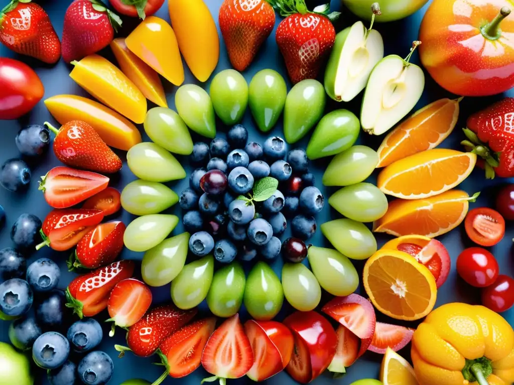 Una exuberante variedad de frutas y verduras brillantes, dispuestas en círculo, goteando agua