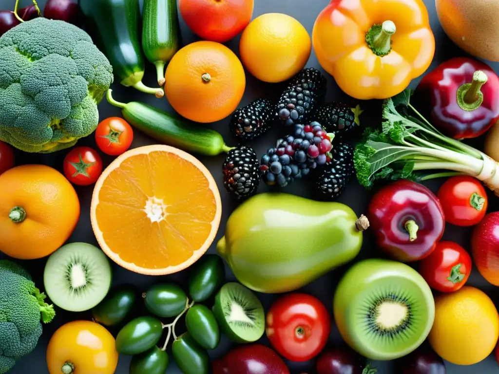 Una exuberante variedad de frutas y verduras frescas, organizadas en un patrón armonioso en una encimera de cocina moderna