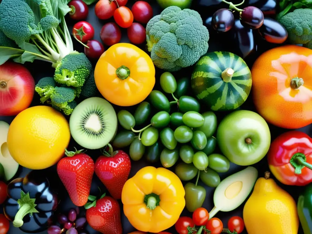 Exuberante variedad de frutas y verduras frescas, resaltando la importancia del sistema inmunológico en niños