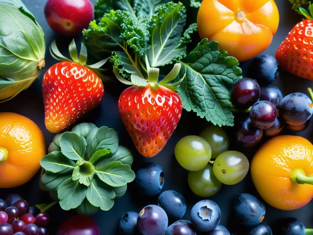 Una exuberante variedad de frutas y verduras frescas con vibrantes colores y texturas, capturando la vitalidad y frescura