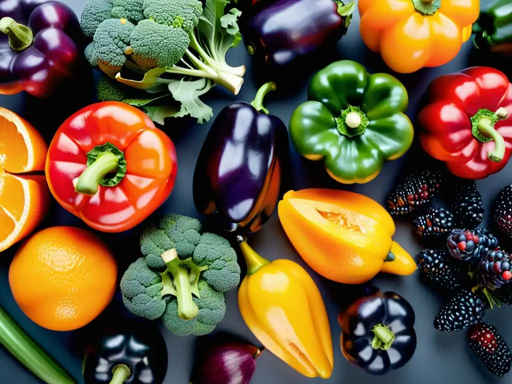 Una exuberante variedad de frutas y verduras frescas, capturando su vitalidad y colores vibrantes