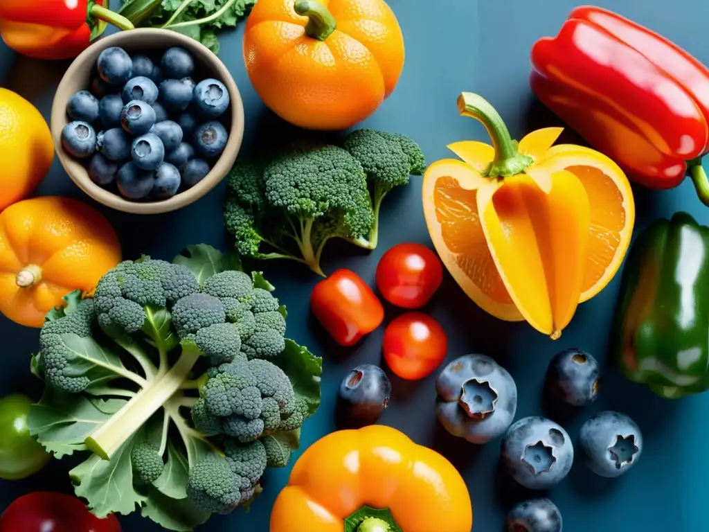 Una exuberante variedad de frutas y verduras coloridas, destacando su frescura y vitalidad, clave para la protección inmunológica infantil