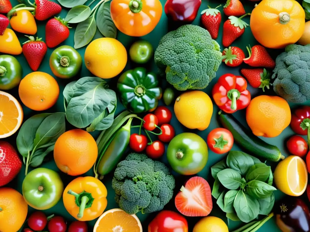 Una exuberante variedad de frutas y verduras vibrantes, dispuestas en una presentación llamativa