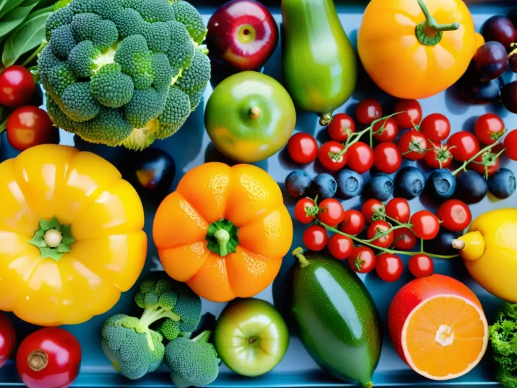 Una exuberante variedad de frutas y verduras frescas con gotas de rocío, resaltando los beneficios de los alimentos funcionales sistema inmunitario