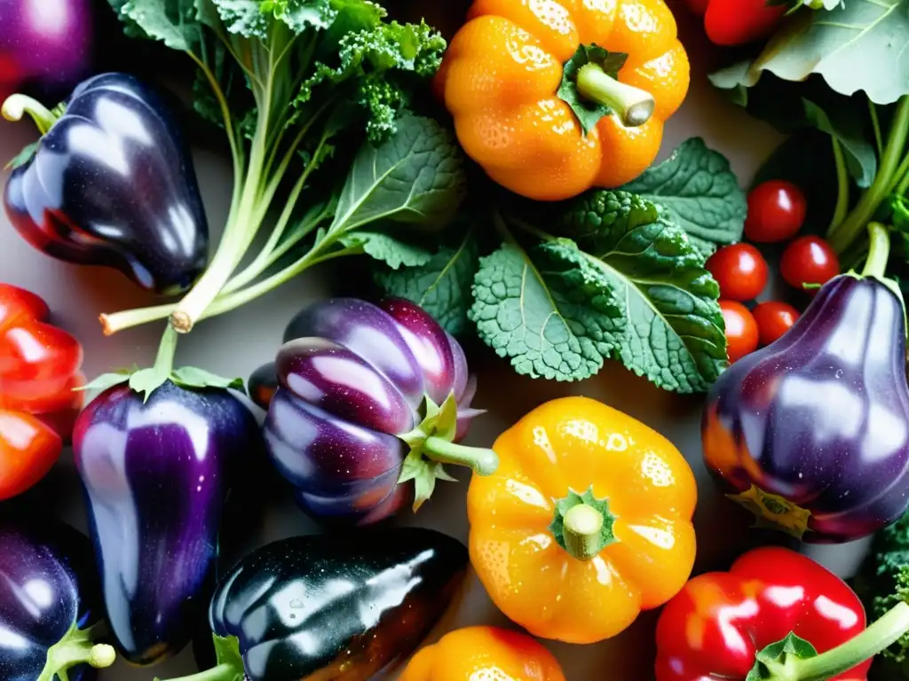 Una exuberante variedad de frutas y verduras frescas, con fresas maduras, naranjas jugosas, kale, pimientos rojos y berenjenas