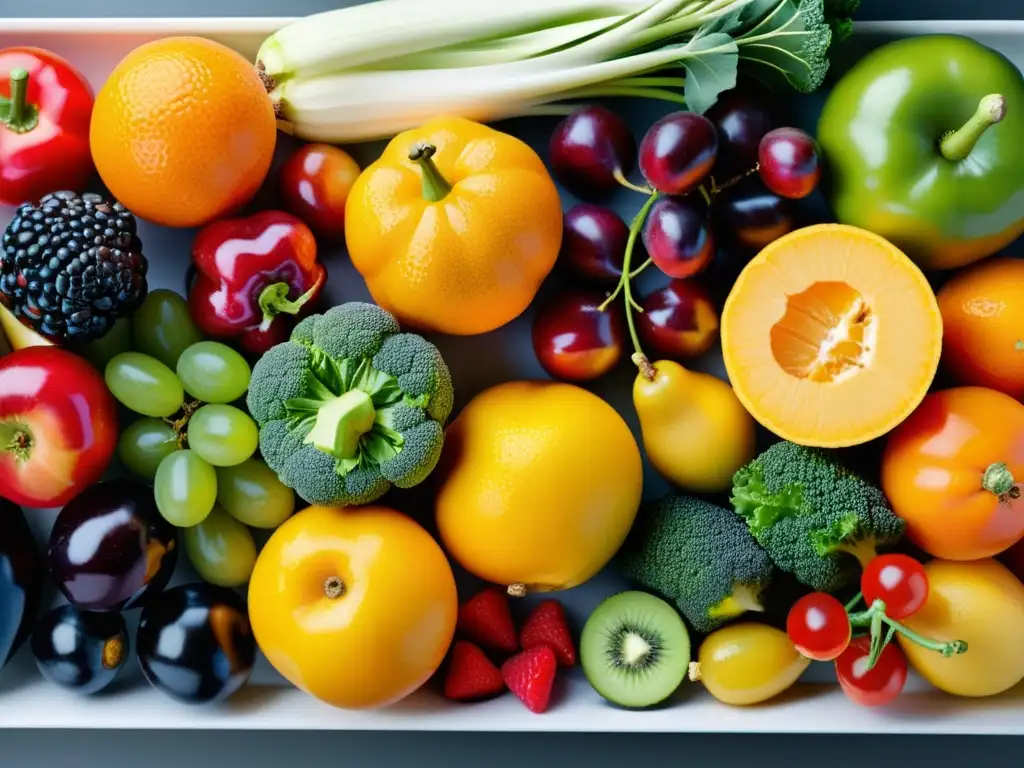 Una exuberante variedad de frutas y verduras, dispuestas con cuidado para reforzar el sistema inmunológico, evocando frescura y vitalidad