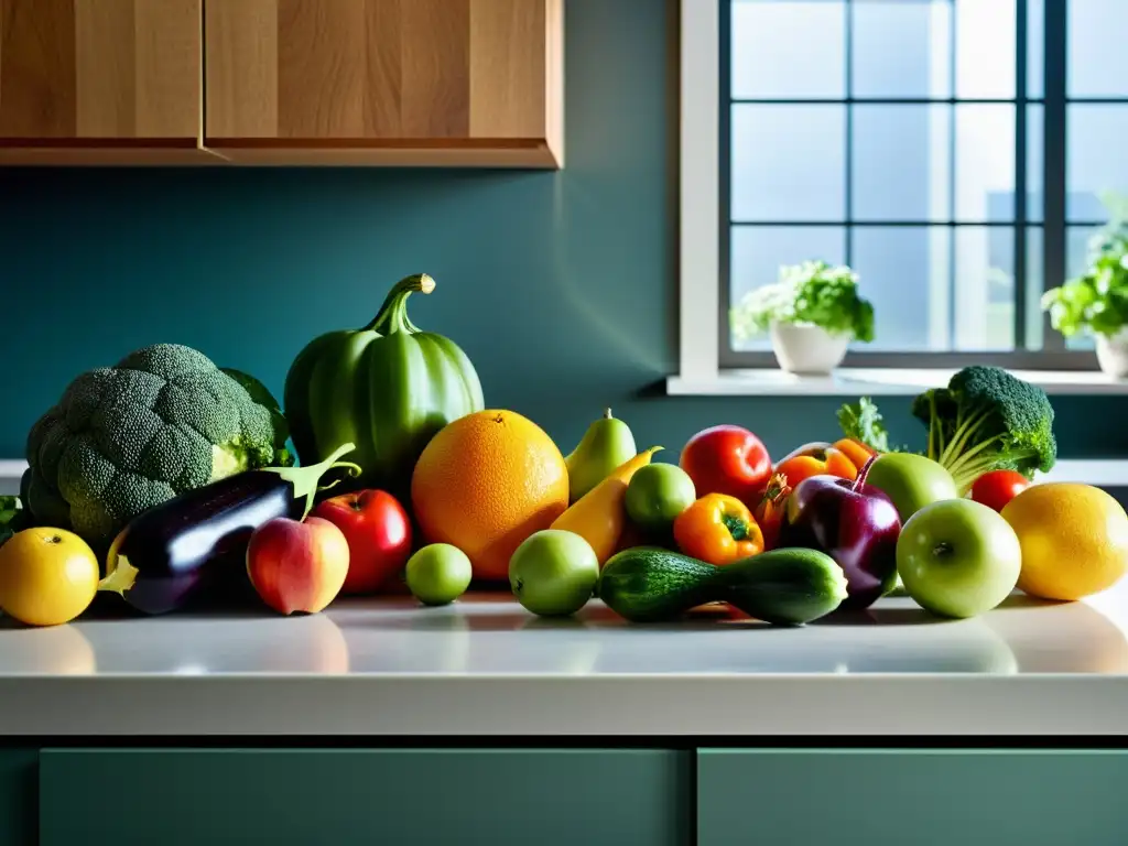 Una exuberante variedad de frutas y verduras frescas en una cocina moderna