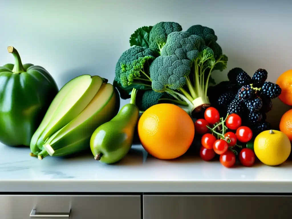 Una exuberante variedad de frutas y verduras frescas, armoniosamente dispuestas en una encimera de cocina moderna