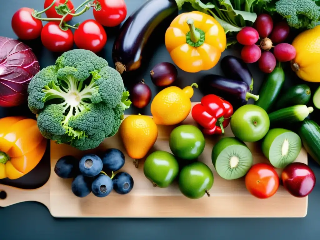 Una exuberante variedad de frutas y verduras coloridas en una tabla de cortar de madera