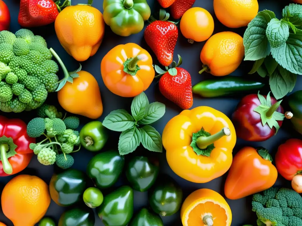 Una exuberante variedad de frutas y verduras frescas, con colores vibrantes y texturas detalladas