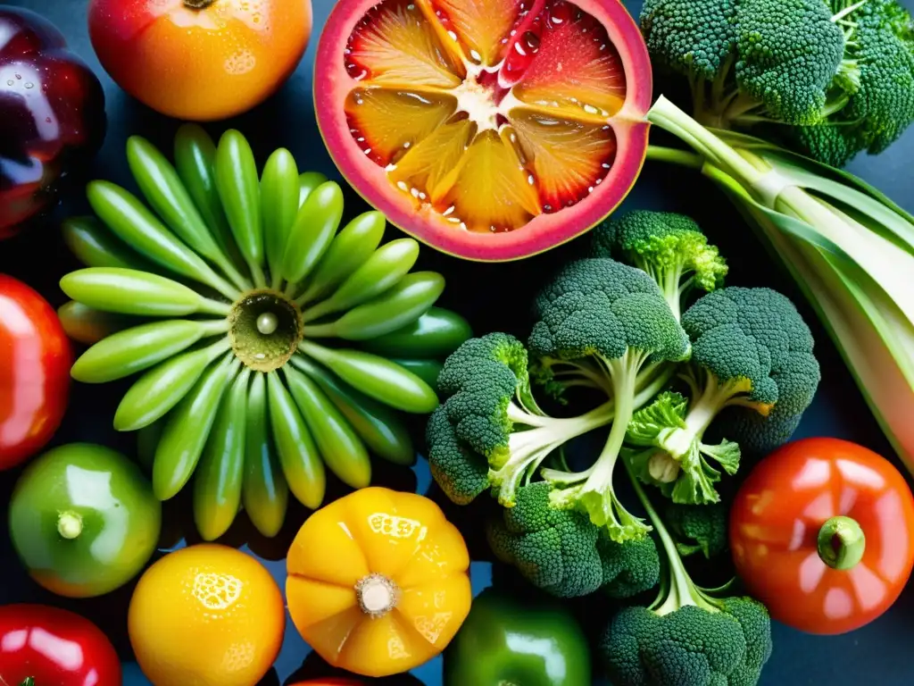 Una exuberante variedad de frutas y verduras frescas y coloridas, con gotas de agua brillante