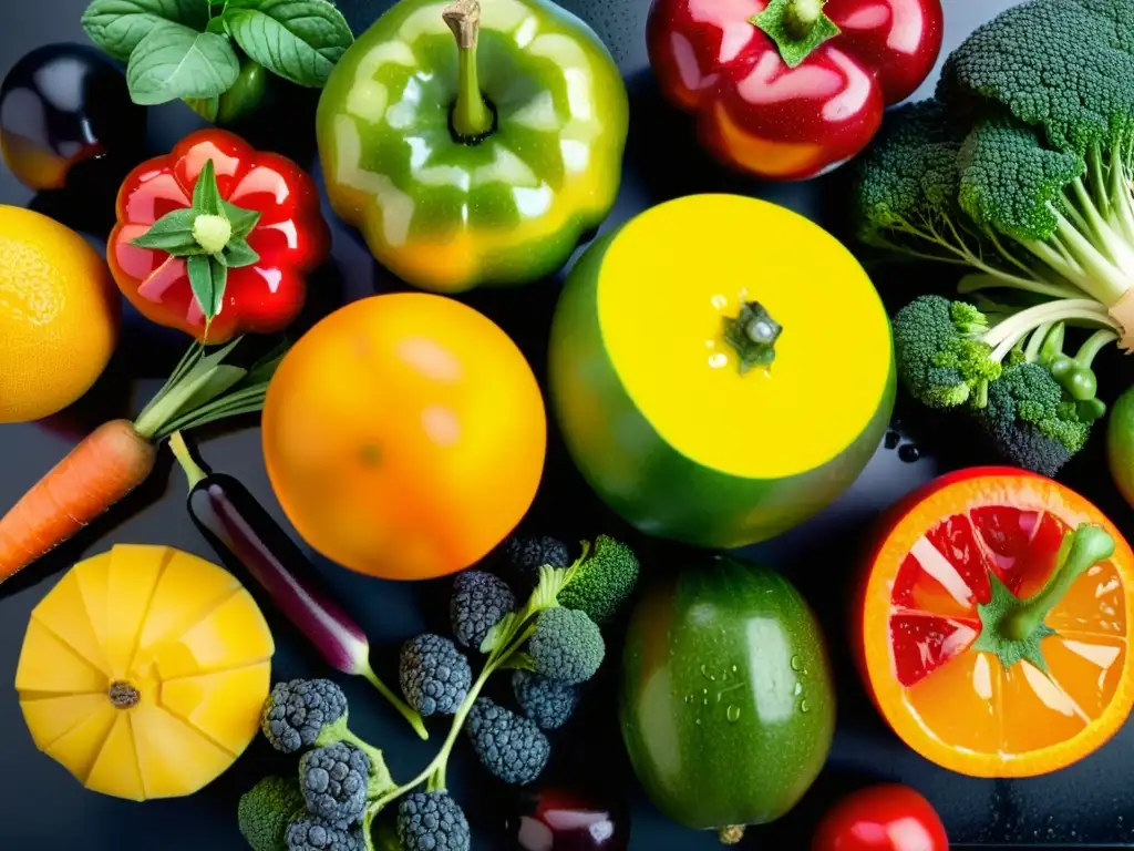 Una exuberante variedad de frutas y verduras brillantes, goteando agua, resaltando su belleza natural