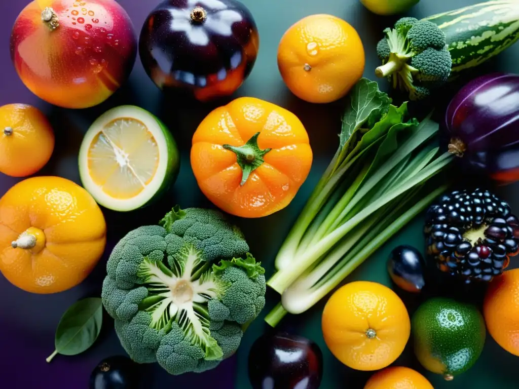 Exuberante variedad de frutas y verduras frescas, con colores vibrantes y gotas de agua, evocando vitalidad y nutrición