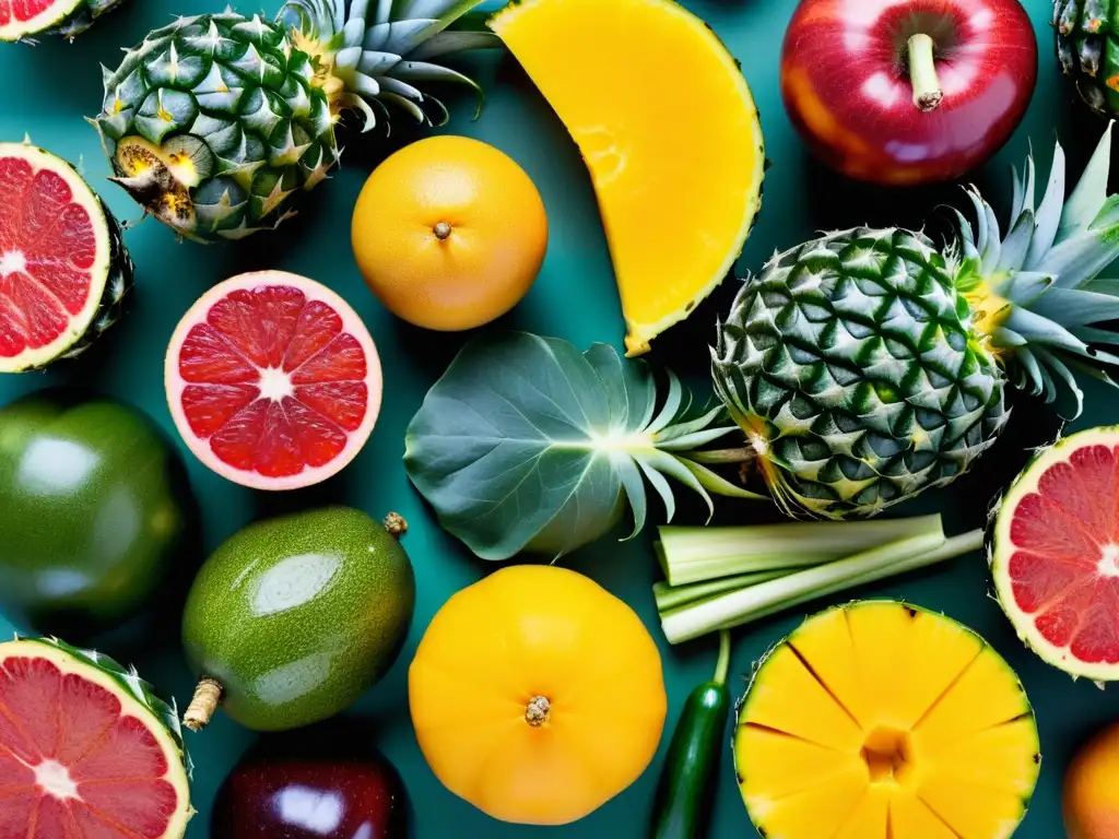 Una exuberante variedad de frutas y verduras frescas, con colores vibrantes y detalles naturales, bañados en luz natural