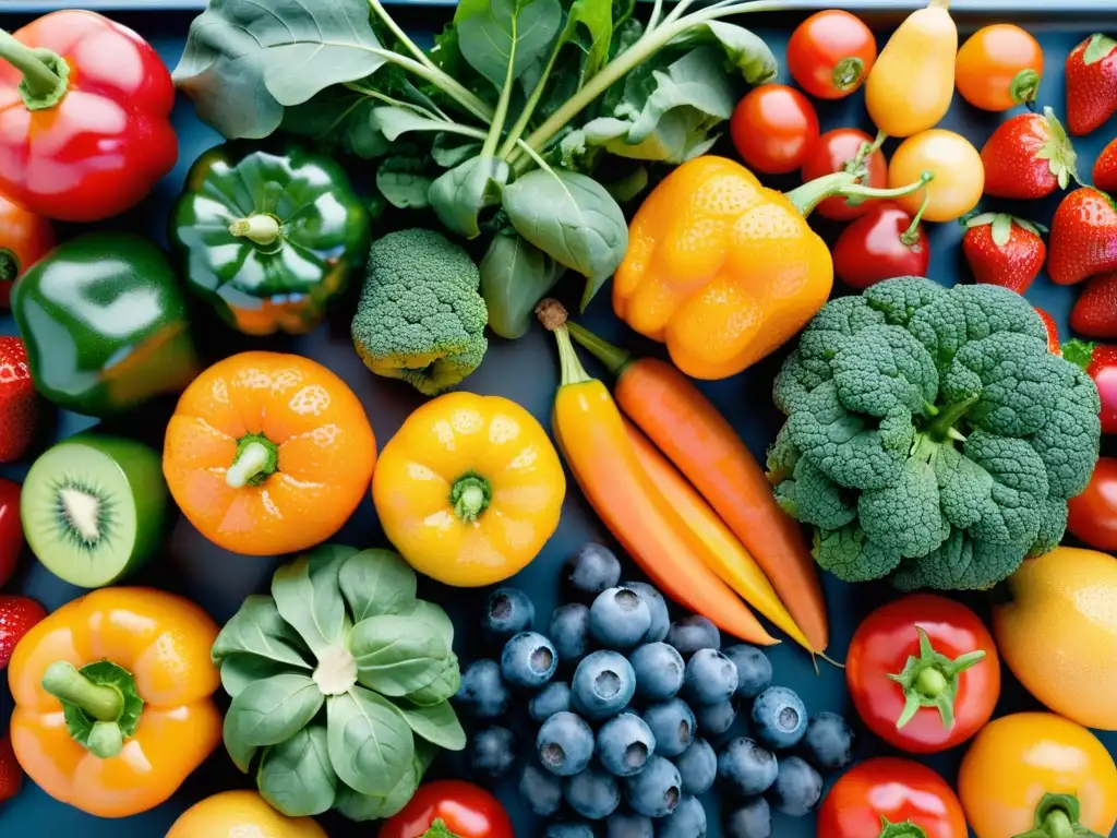 Una exuberante variedad de frutas y verduras frescas con colores vibrantes, bañados por la luz del sol, creando vitalidad y bienestar