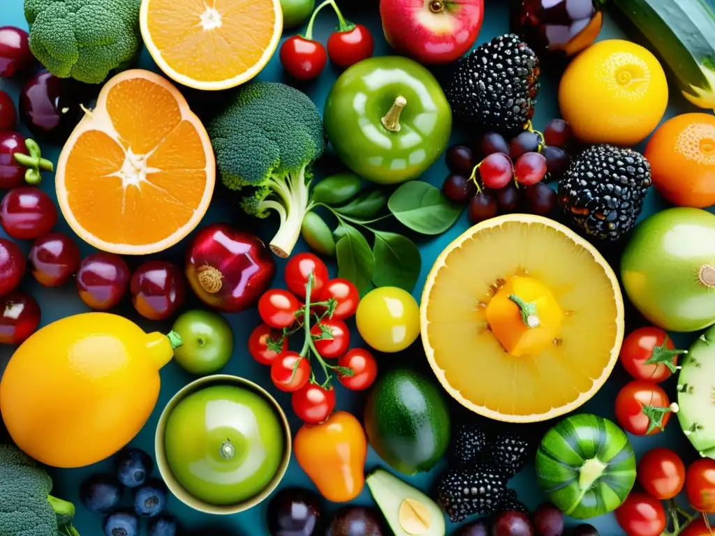 Una exuberante variedad de frutas y verduras frescas, con colores vibrantes y texturas nítidas