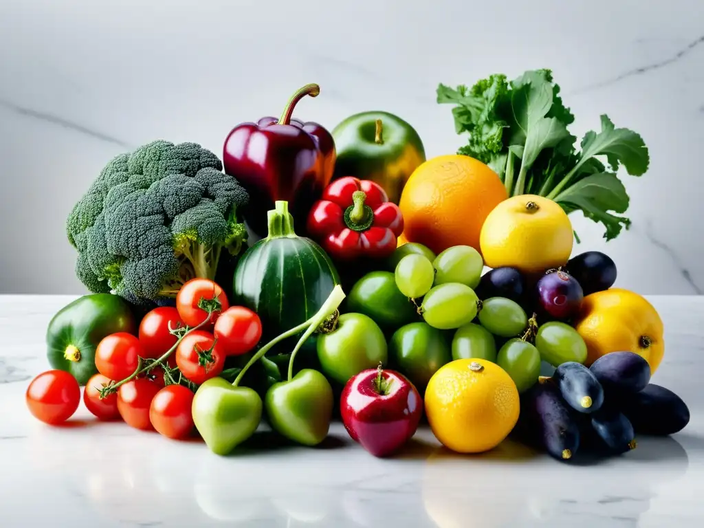 Una exuberante variedad de frutas y verduras frescas sobre encimera de mármol blanco