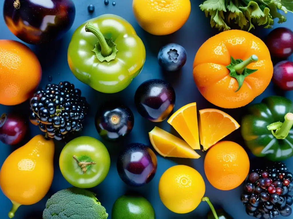 Una exuberante variedad de frutas y verduras frescas, con colores vibrantes y texturas tentadoras