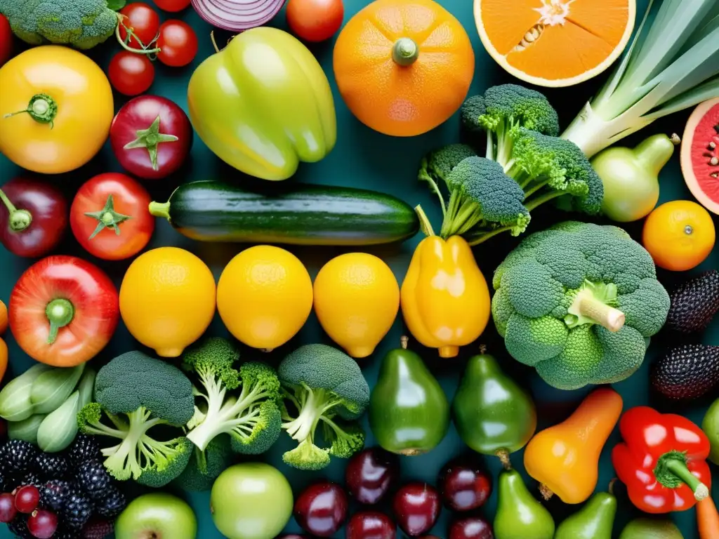 Una exuberante variedad de frutas y verduras frescas dispuestas en un patrón visualmente atractivo, resaltando la belleza natural de los alimentos