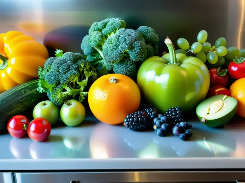 Una exuberante variedad de frutas y verduras frescas, vibrantes y coloridas, en una cocina moderna