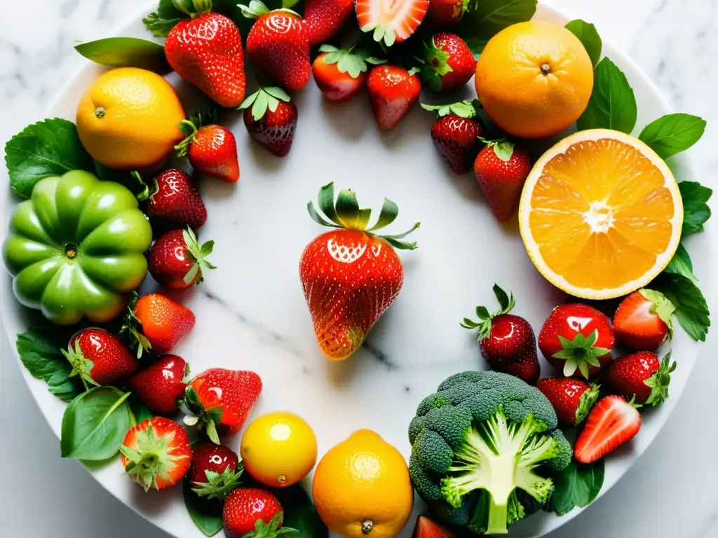 Una exuberante variedad de frutas y verduras frescas dispuestas en un patrón circular sobre una encimera de mármol blanco