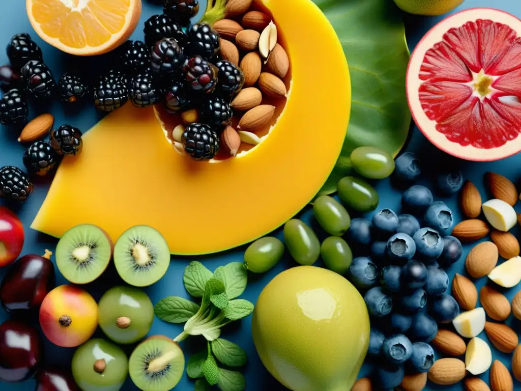 Una exuberante variedad de frutas, verduras y frutos secos frescos, capturados con detalle