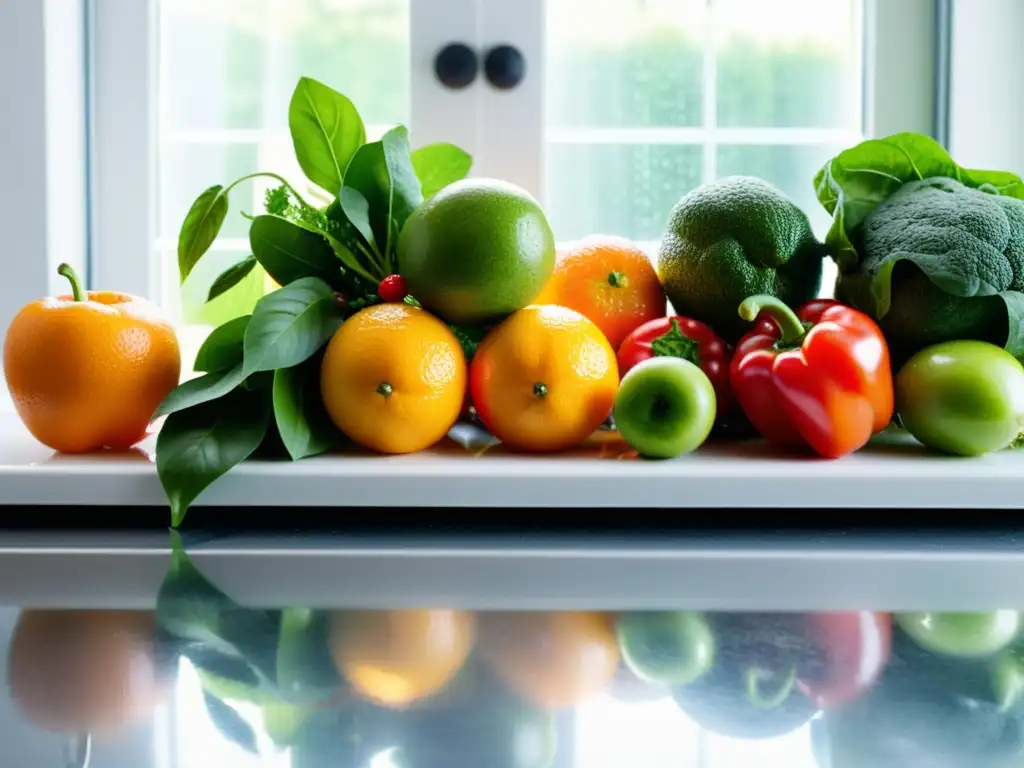 Una exuberante variedad de frutas y verduras frescas en una cocina moderna, transmitiendo vitalidad y sofisticación