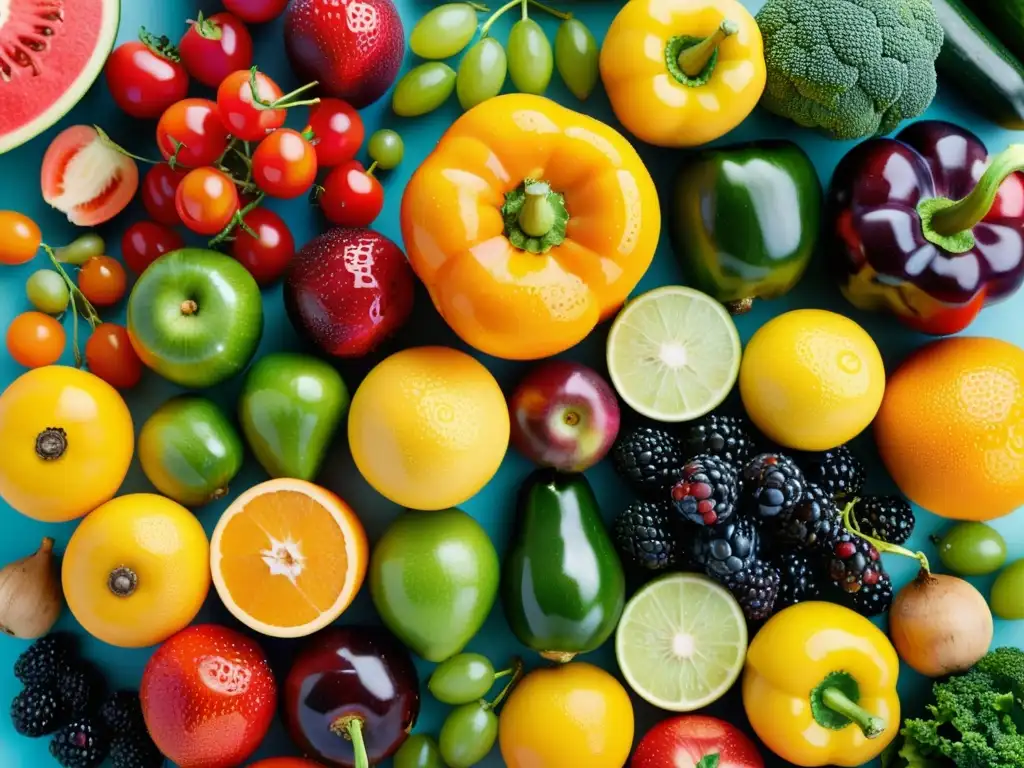 Una exuberante variedad de frutas y verduras frescas, con gotas de agua brillantes