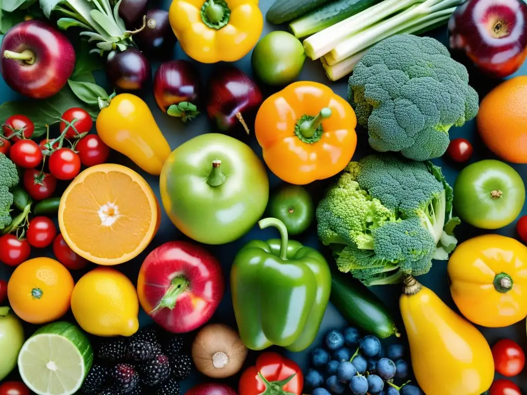 Una exuberante variedad de frutas y verduras frescas, coloridas y vibrantes, que evocan salud y nutrición para fortalecer el sistema inmunológico