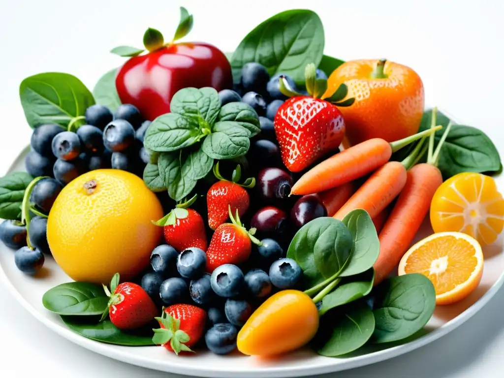 Una exuberante variedad de frutas y verduras frescas en un plato blanco, resaltando la riqueza de antioxidantes para el sistema inmunológico