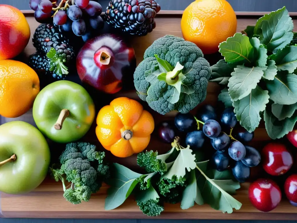 Una exuberante variedad de frutas y verduras invernales en un tablero de corte de madera oscura