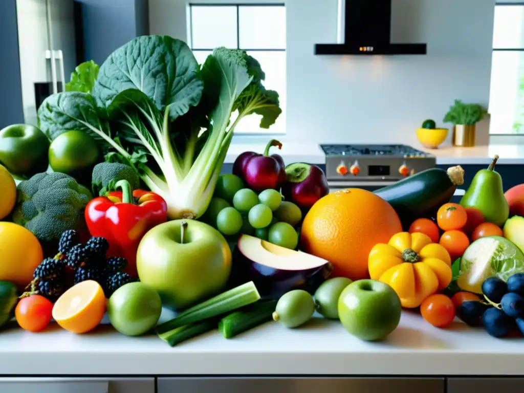 Una exuberante y vibrante mezcla de frutas y verduras frescas en una elegante encimera de cocina moderna