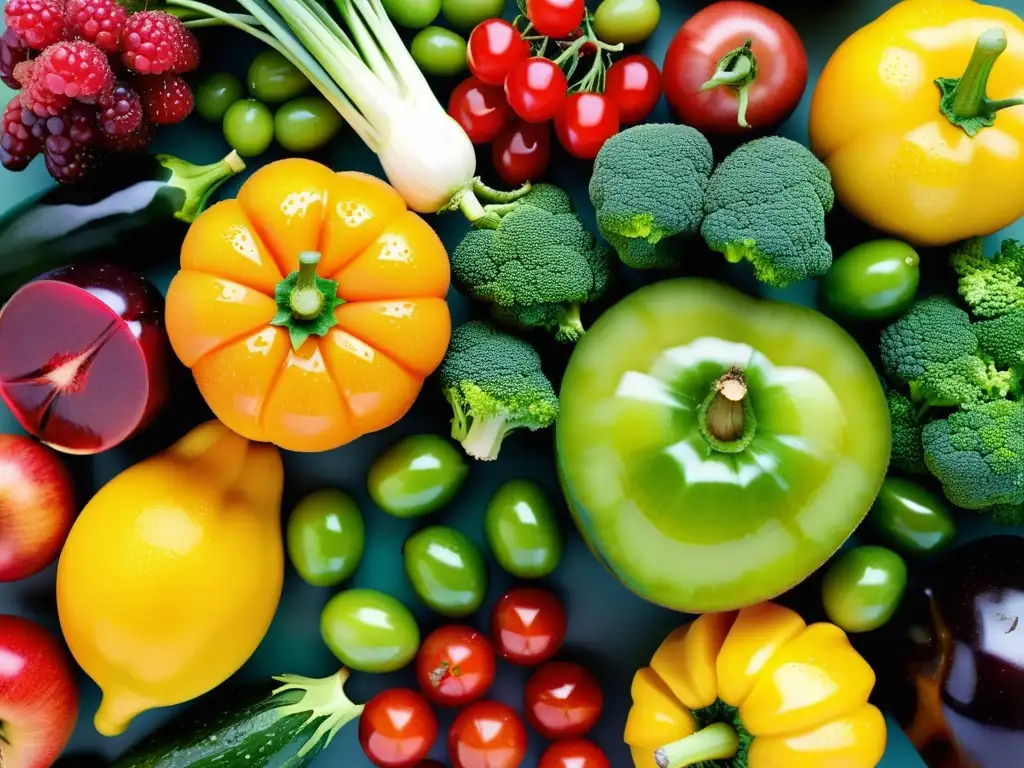 Una exuberante y vibrante selección de frutas y verduras orgánicas, con gotas de agua resaltando su frescura y vitalidad