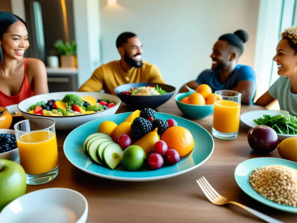 Una familia disfruta de una comida saludable y colorida