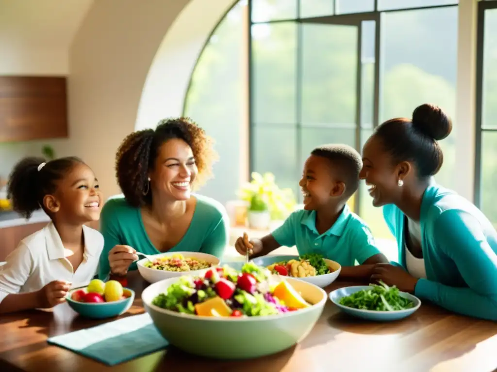 Una familia sonríe y comparte una comida saludable y colorida en una mesa, mientras la luz del sol crea un ambiente cálido y acogedor